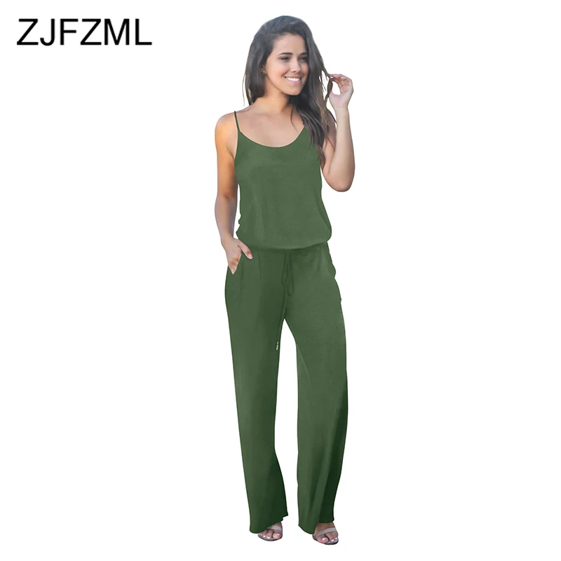 

Elastic Waist Summer One Piece Jumpsuit Women Spaghetti Strap Sleeveless Full Length Romper Office Lady Backless Loose Playsuit