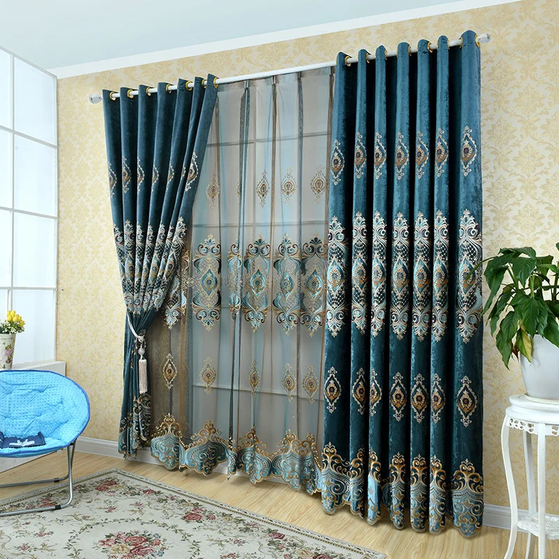 

Slow Soul Blue Laser Curtain Needlepoint Embroidered Europe Floral French Window Curtains For Living Room Kitchen Bedroom