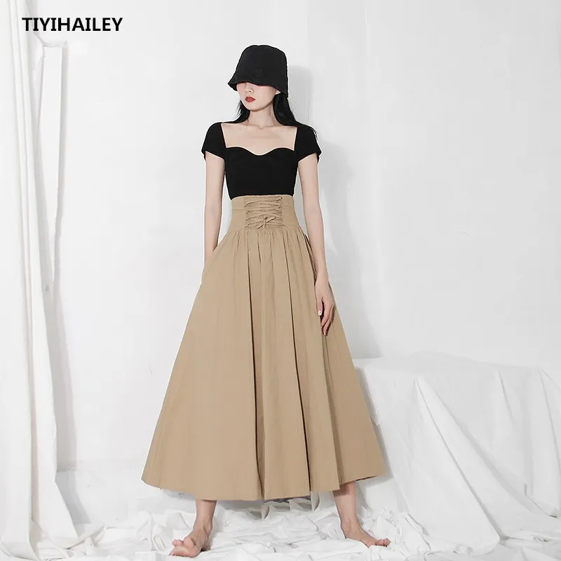 Женская длинная юбка-макси TIYIHAILEY черная или хаки юбка трапециевидной формы с