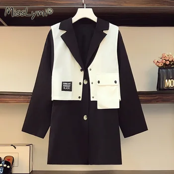 

L-4XL Plus Size Women British Style Two Piece Clothes Autumn 2020 Fashion White Crop Vest and Black Long Sleeve Loose Blazers
