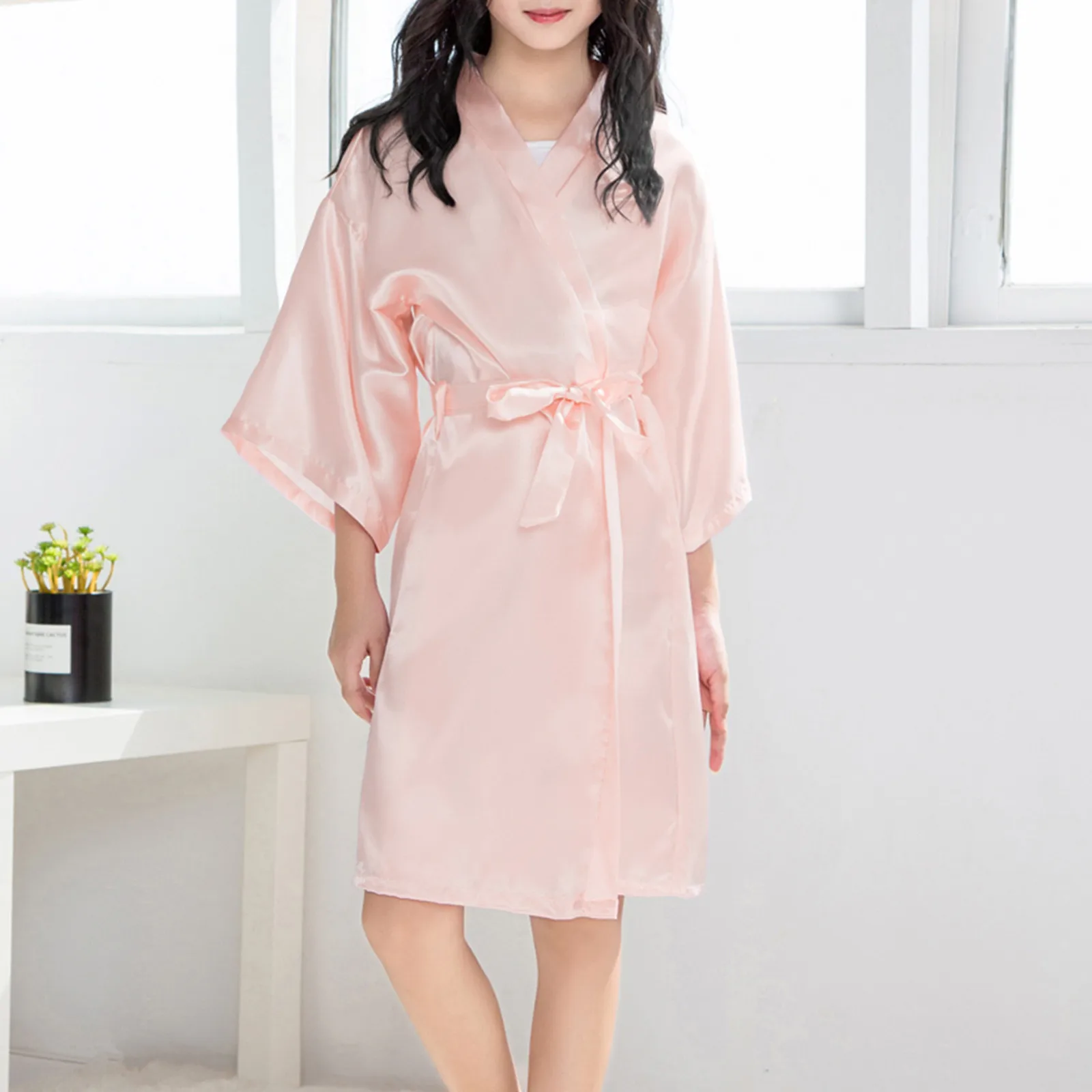Toddler Kids Baby Girls Sleepwear Solid Print Summer Kimono Robes Lace-up Bathrobe Sleepwear Children Clothes Coat Set 2y-11y