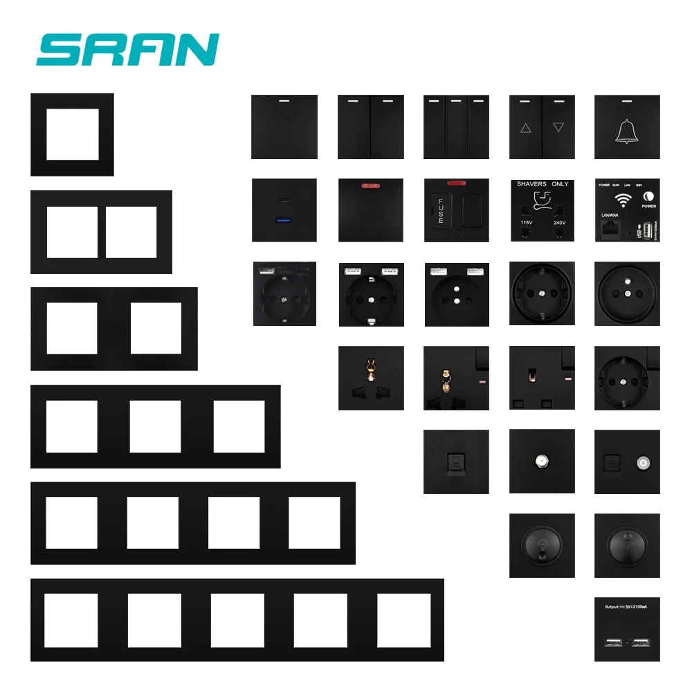 SRAN A1 Series Black PC Panel Wall Switch EU French Power Socket USB Doorbell TV RJ45 Module DIY | Обустройство дома