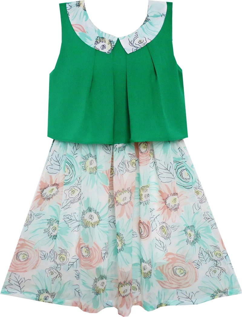

Girls Dress Turn-Down Collar Flower Chiffon Party Green 2019 Summer Princess Wedding Dresses Children Clothes Pageant Sundress