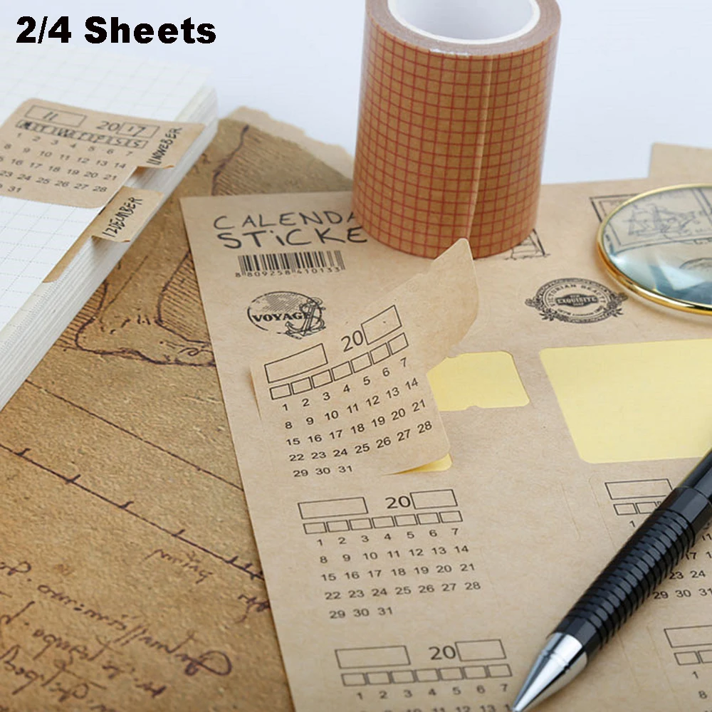 

2/4 Sheets Kawaii Kraft Paper Sticker Handwritten No Years Calendar Notebook Index Label Stickers Planner Organizer Stationery