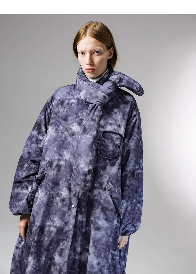 [11,11] IRINACH105 зимняя новая коллекция tie dye ткань большой длинный женский белый пуховик с шарфом