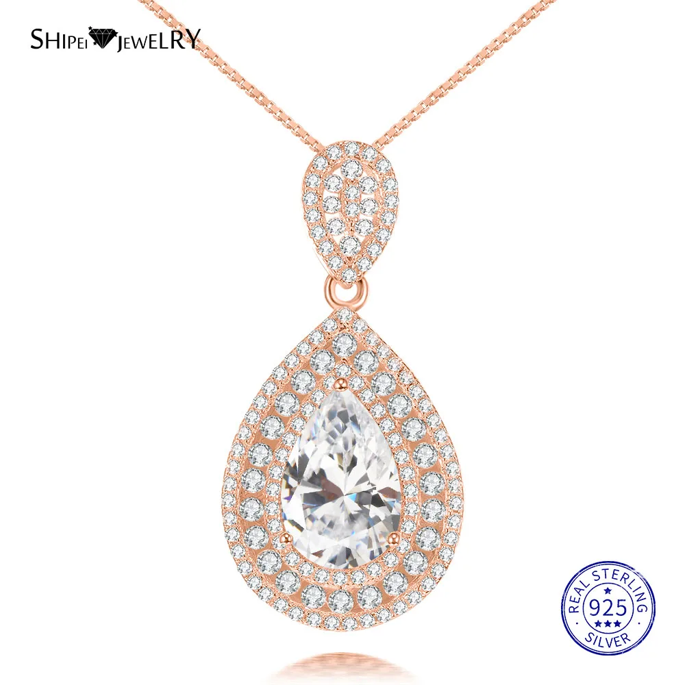 Shipei Sterling Silver Fine Jewelry Ruby Emerald Sapphire Water Drop Pendant Necklace for Women Anniversary Gift - Цвет камня: RoseGold-Clear