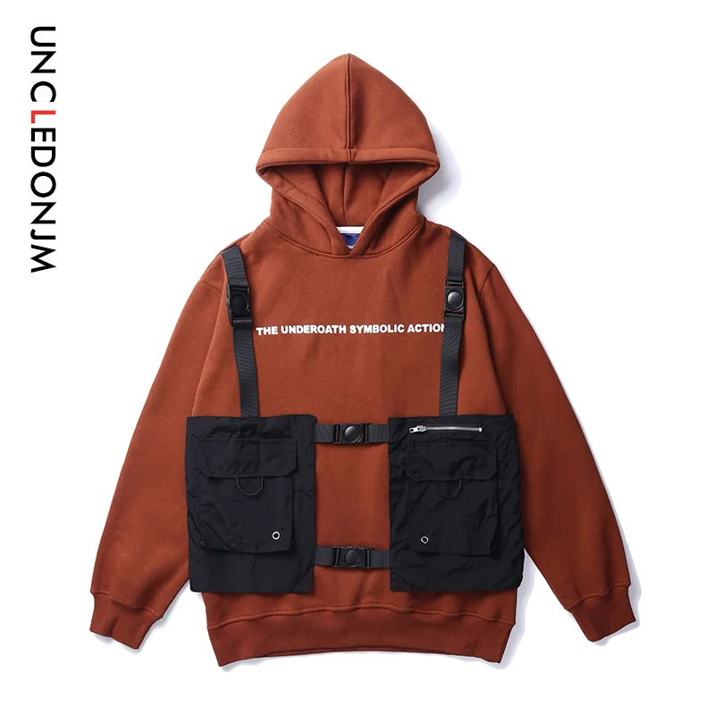 

UNCLEDONJM Fake Two Pieces Multi Zip Pockets Vest Fleece Hoodies Pullover Hooded Sweatshirts Mens Hip Hop Fashion Streetwear
