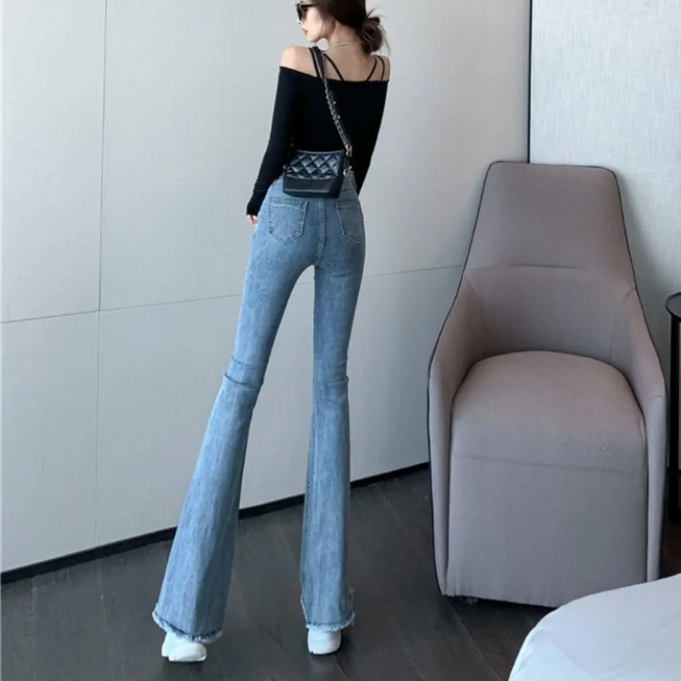 Women's Single Breasted High Waist Flare Jeans Summer Autumn Slim Long Boot Cut Denim Pants Ladies Streetwear Jeans