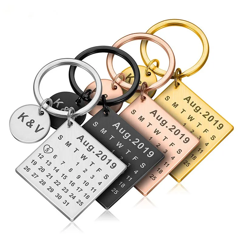 DIY Personalized Calendar Keychain Hand Carved Calendar Keyring Gift for Boyfriend Girlfriend Stainless Steel Private Custom afbeelding