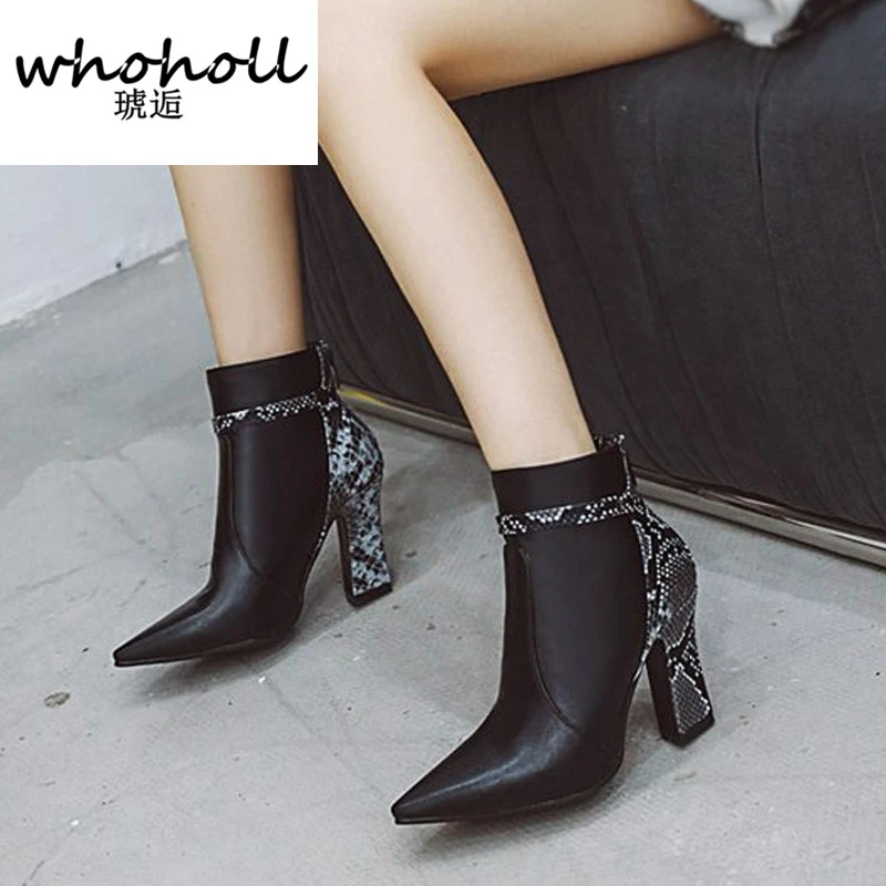 

Plus Size 32-48 Office Lady Ankle Boots Fashion Snake Print Sexy Pointed Toe Winter Warm Fur High Heel Shoes Women