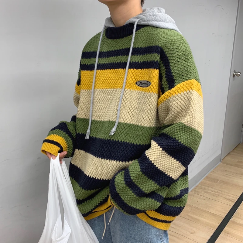 Зимний полосатый свитер мужской теплый модный Контрастный ЦВЕТНОЙ Повседневный вязаный пуловер Мужской уличная одежда свободный свитер с длинными рукавами