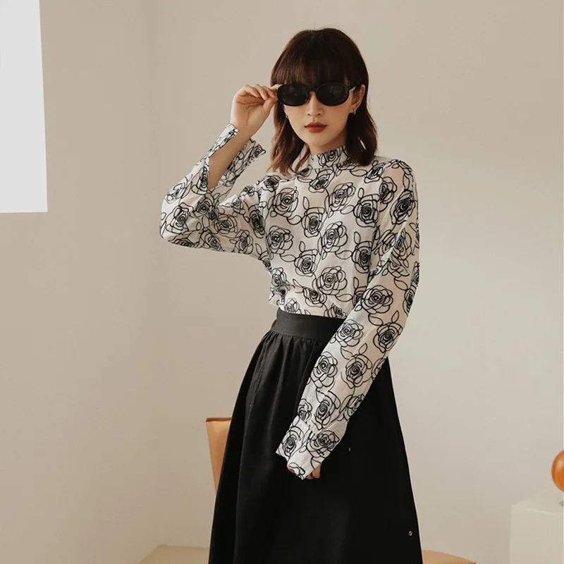 

Autumn Rose Jacquard Pattern Small High Collar Loose Inside Put on Long Sleeved Bottom 2019 Autumn New Temperament Shirt Women