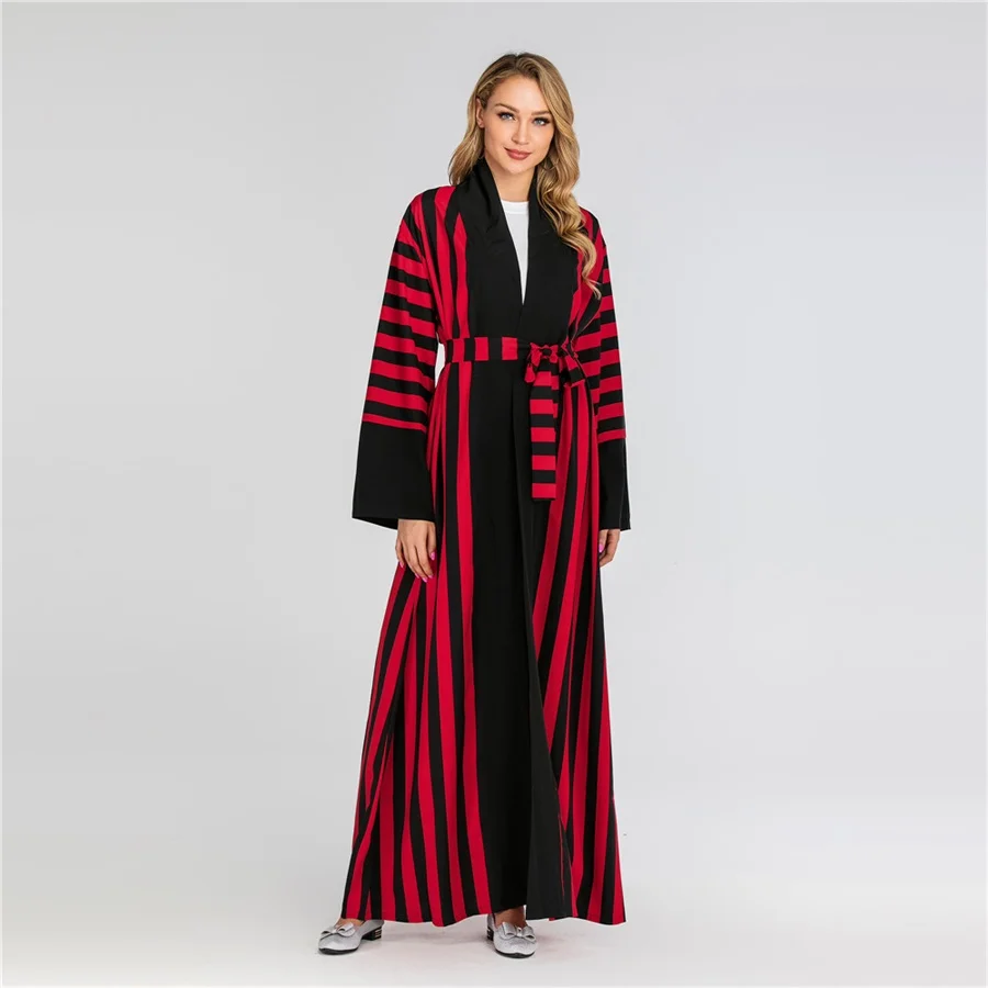 Red abaya Siskakia мусульманская женская открытая абайя короткая полоса пэчворк Арабский Дубай турецкое кимоно с длинным рукавом Sash Исламская одежда женская - Цвет: Red abaya