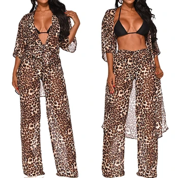 

Women's Sexy Loose Pants Two Piece Outfits Leopard Print Half Sleeve Bandage Coat Wide Legs Plus Size Casual Club Overalls Sets