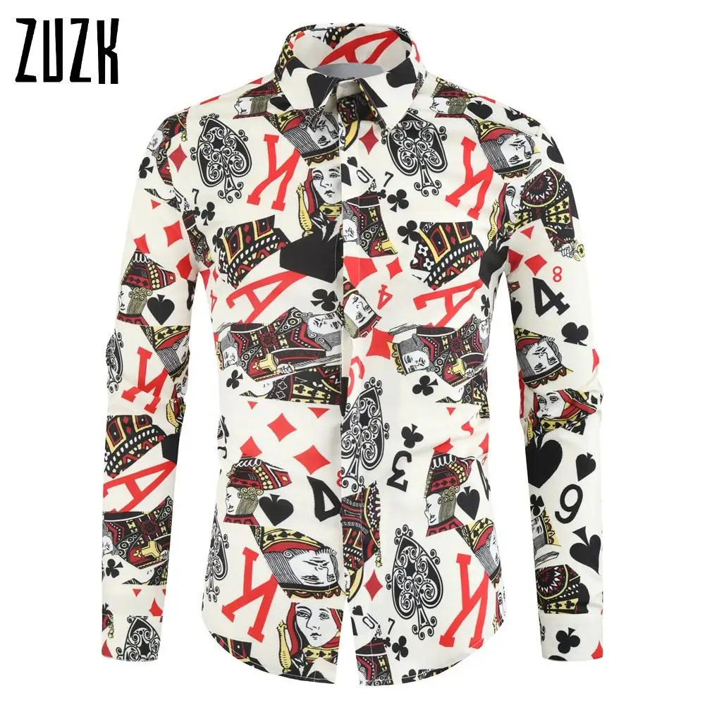 

Mens New Arrival Casual Shirts Poker Card Print Slim Fit Long Sleeve Floral Shirts Men Dress Business Camisa Social Tops