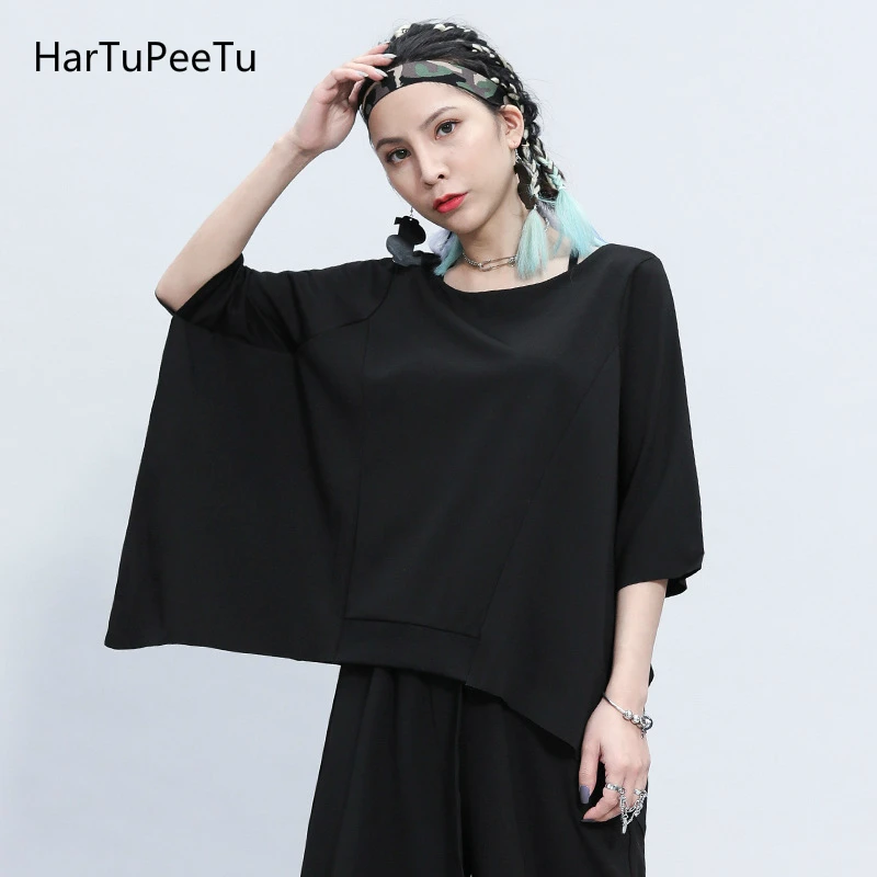 

Bat Sleeve Women's T-shirt Loose Fit Darkness Black Half Length Sleeves Irregular Tops Summer Women Thin Casual Shirt Tide 2020