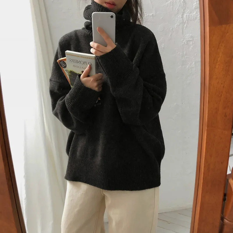 black pullover Neploe осень женский свитер Повседневный свободный Водолазка трикотажные джемперы длинный рукав негабаритных свитера пуловеры зимняя одежда - Цвет: black pullover
