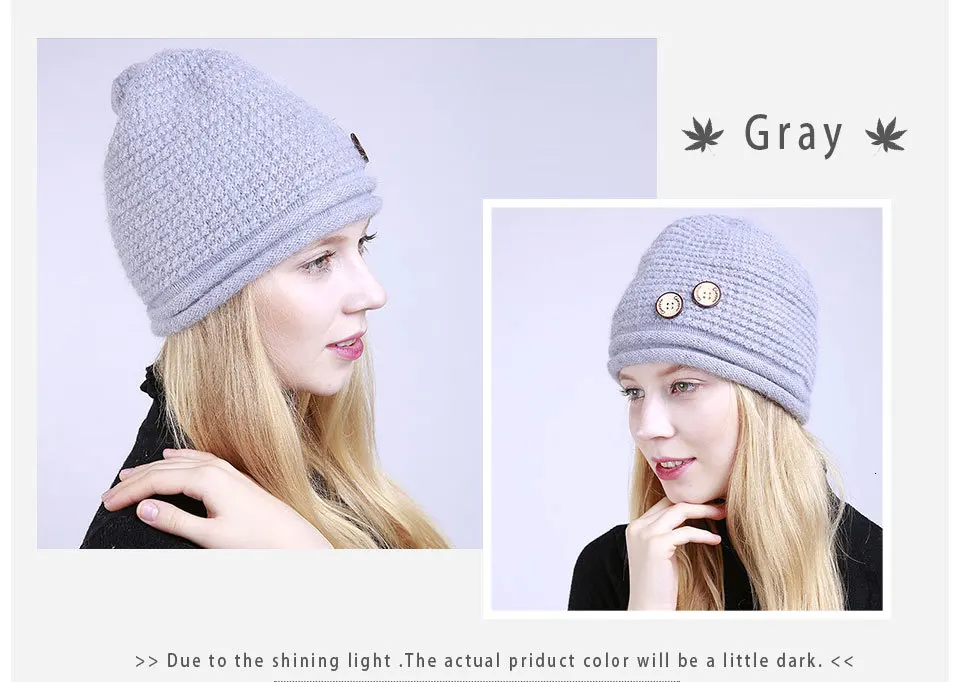 Новое поступление, плотная вязаная Шапочка, зимняя шапка Skullies, шапка s для женщин, одноцветная, на пуговицах, вязаная, теплая, модная, шерстяная