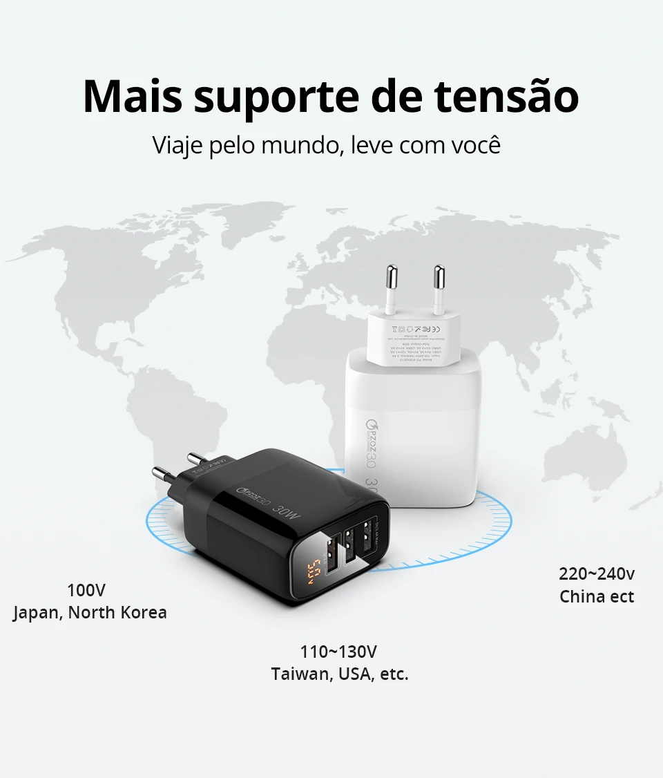 Use o Carregador PZOZ de Carga Rápida 30W USB em qualquer lugar do mundo. Use o Carregador PZOZ de Carga Rápida 30W USB em qualquer lugar do mundo.