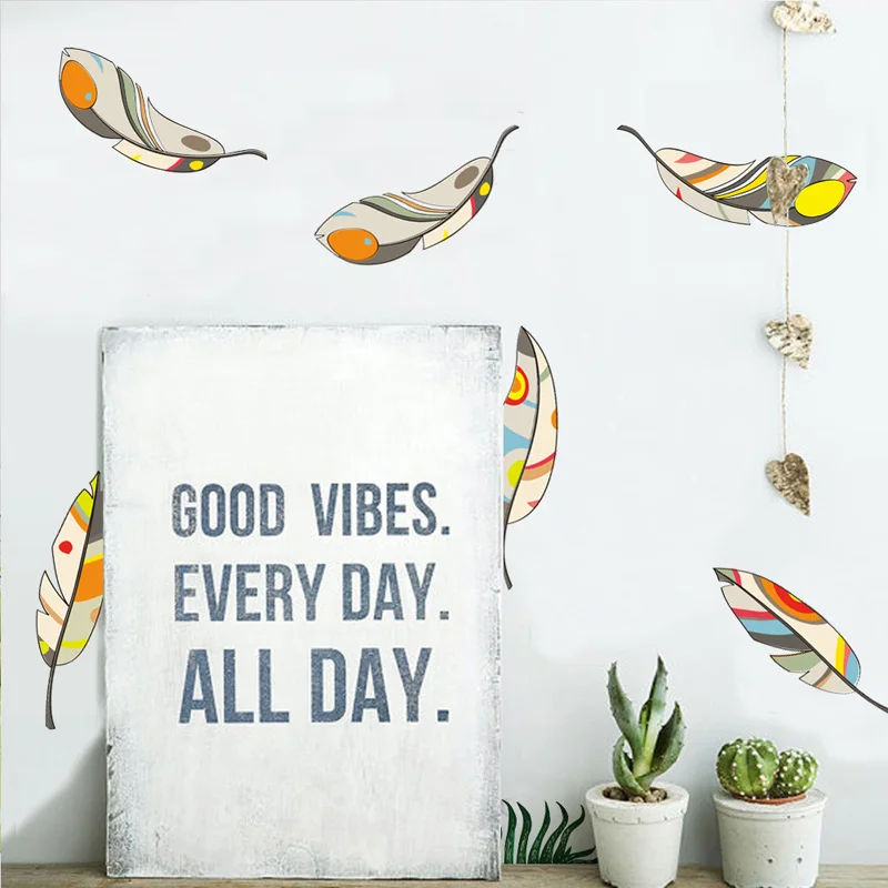 Creative Colored feather Wall Sticker Living room bedroom wall background decoration Decals combination stickers home wallpaper