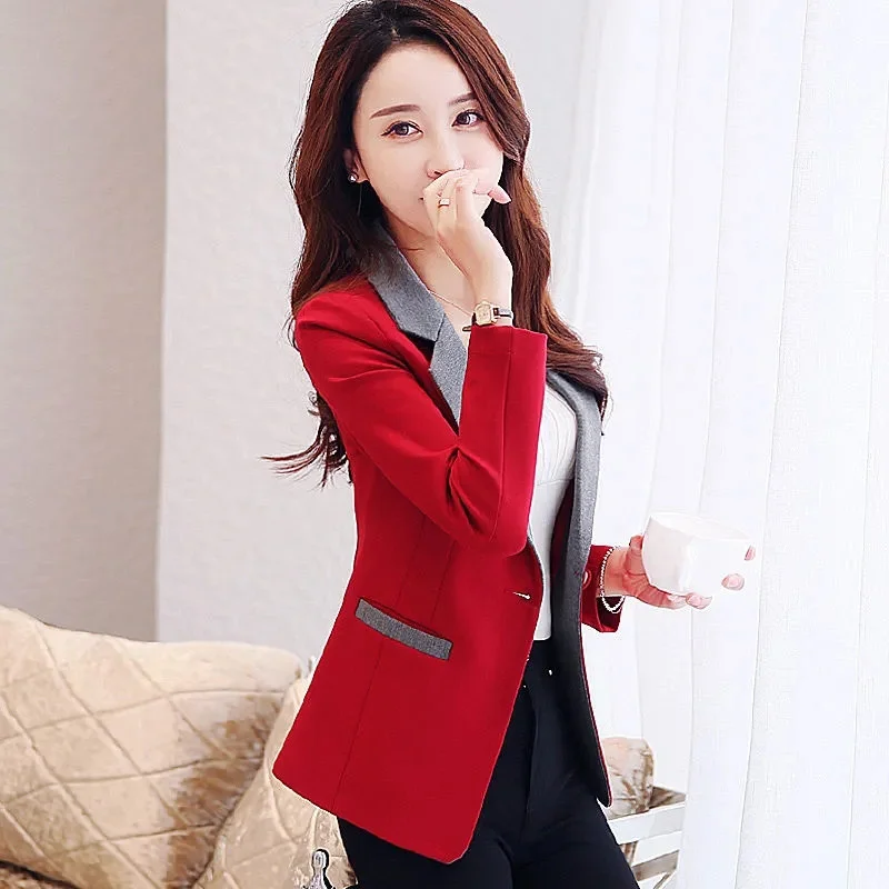 2023 Autumn New Women's Blazer Red Color Matching Single Button Long Sleeve Temperament Lady Lining Suit Jacket Femme Black  530