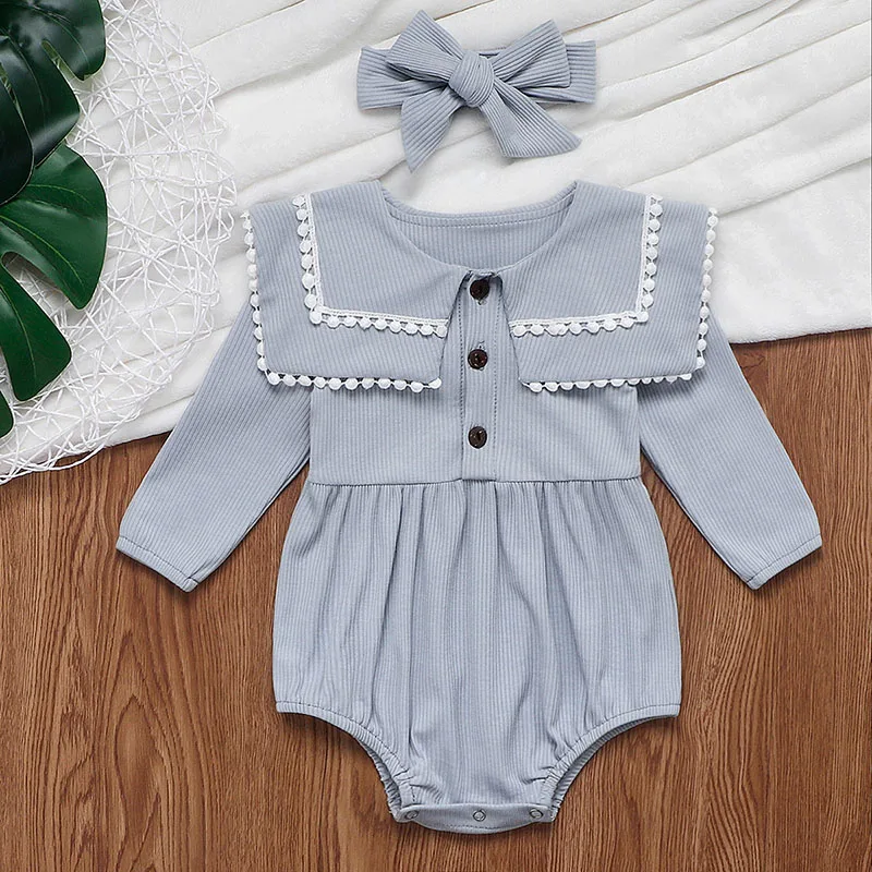 

2 Pcs Infant Kids Baby Girl Bodysuits with Headbands Tassel Clothes Long Sleeve Solid Jumpsuits Overall Outfits Clothes 12-24M