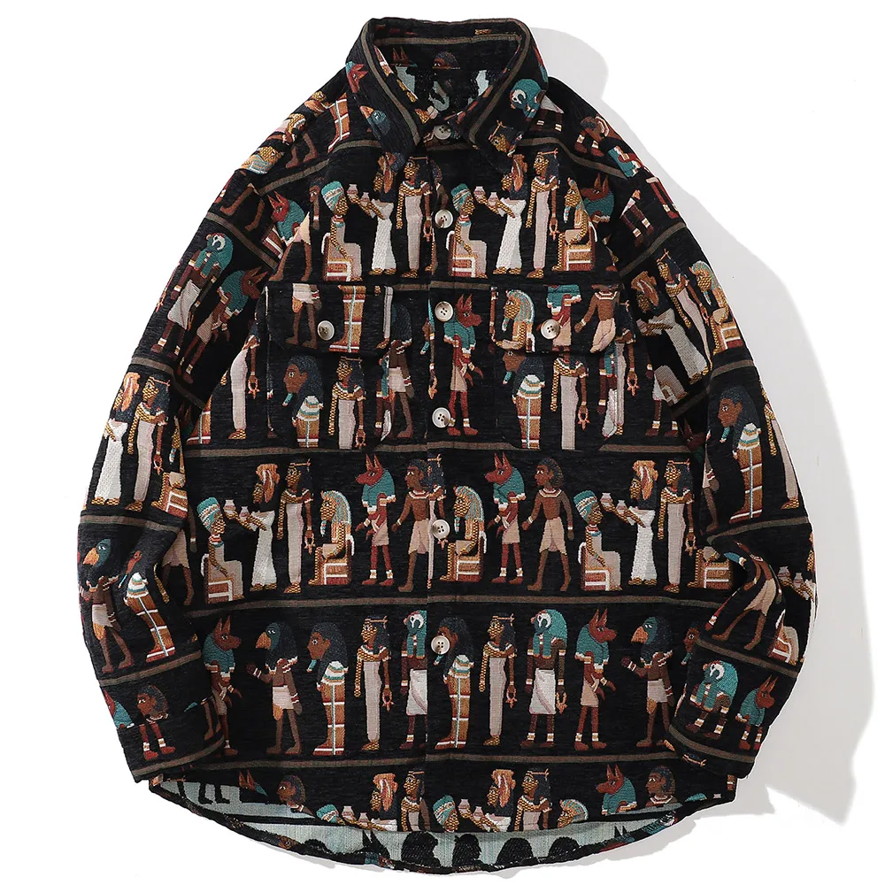 Harajuku Shirt Men Retro Egyptian Stripe Embroidery Shirt Long Sleeve Oversize Tops Hip Hop Streetwear