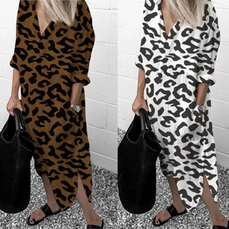 

Plus Size Leopard Maxi Dress for Women Autumn 2020 Thin Long Sleeve V-Neck Chiffon Long Dresses Split Loose Pocket Shirt Dress
