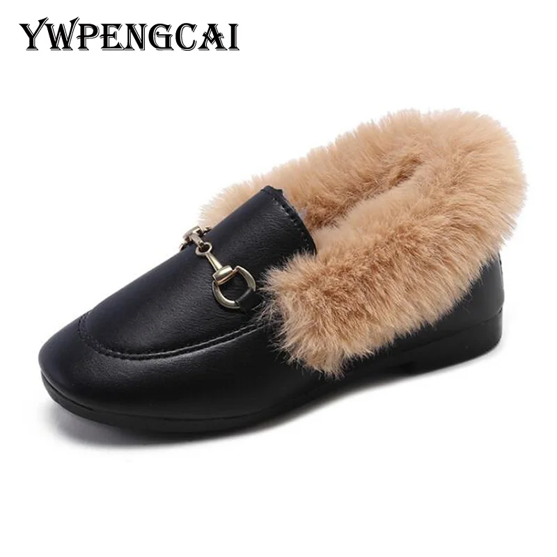 

Autumn Winter Kids Warm Fur Shoes Boys Loafers Girls Flat Moccasins Shoes Size 26-35 Soft PU Leather Children Shoes