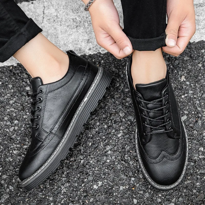

2019 Autumn New Style Casual Versatile Leather Shoes England Retro MEN'S SHOES Soft Bottom Black And White with Pattern Casual S