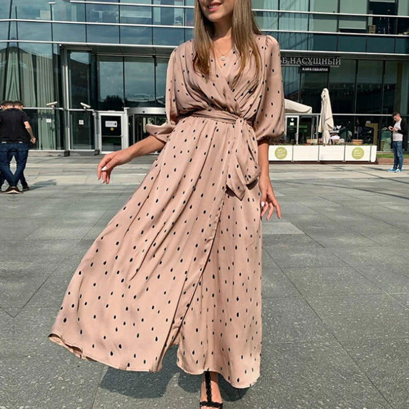 Polka Dot Women Wrap Dress Elegant Puff Sleeve a Line V Neck Sash Party Work Wear Streetwear Retro Maxi Vintage | Женская одежда