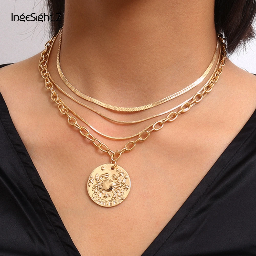 

IngeSight.Z Multi Layered Punk Cancer Pendant Necklaces Vintage Flat Snake Link Chain Choker Necklace Collar for Women Jewelry