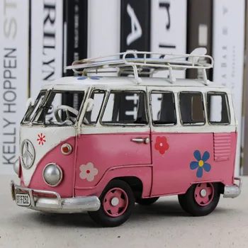 

Handmade Tin Travelling Car Model for VW Bus Q Version Surfing Iron Retro Tourism Sightseeing Car Model Toys for Children Adults