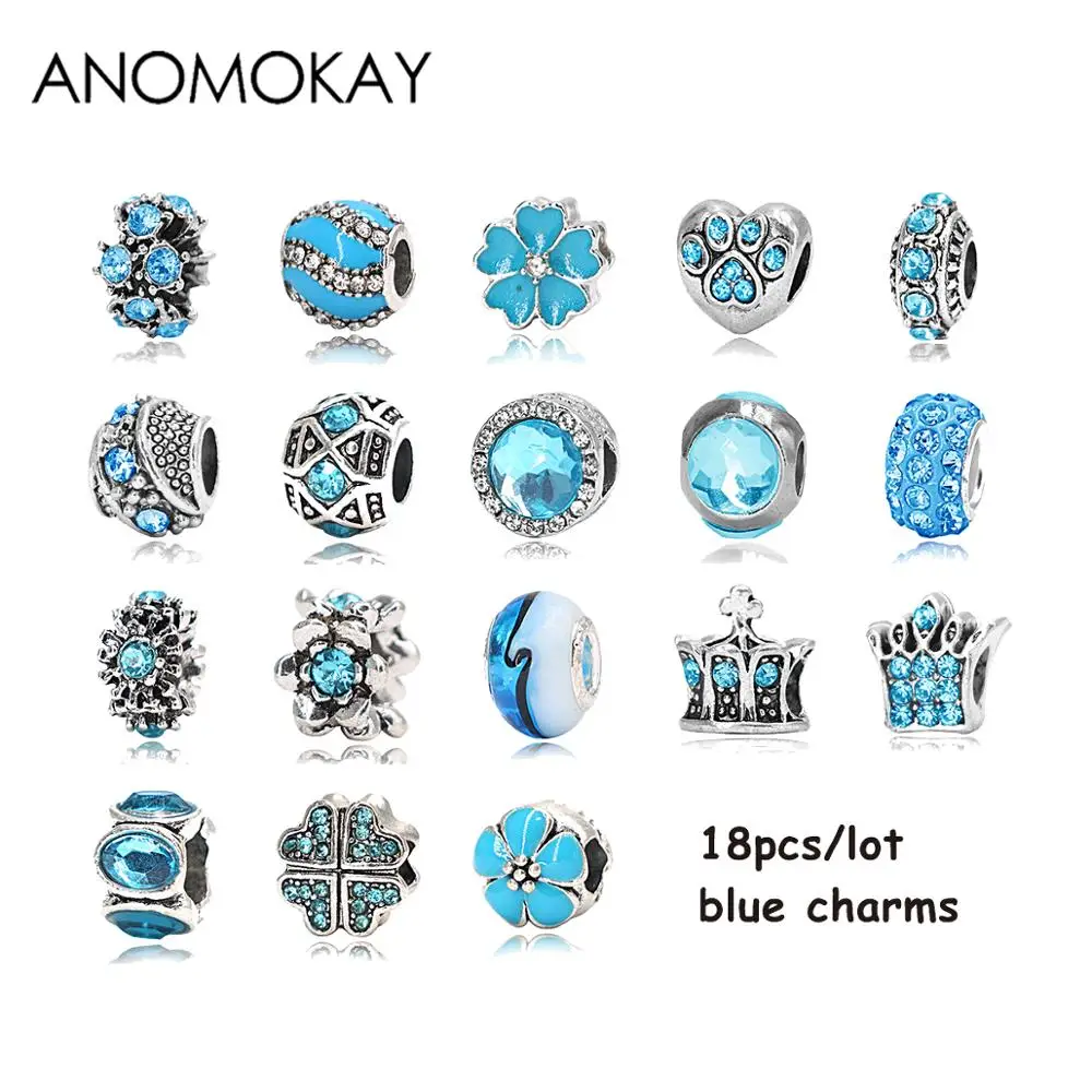 Anomookay микс Стиль синий цветок корона сердце кристалл шарик шарм подходит браслет