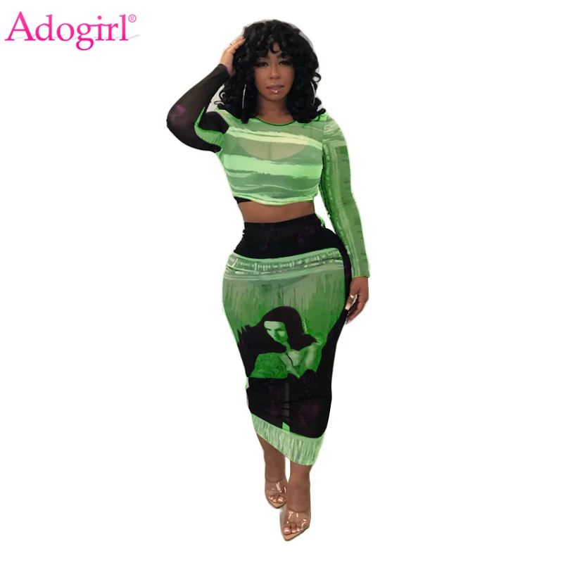 green 2 piece set Adogirl/комплект из двух предметов с принтом в виде галстука-красителя, однотонная прозрачная сетка, Клубное платье укороченный топ с длинными рукавами, облегающая юбка миди, модные костюмы - Цвет: green 2 piece set