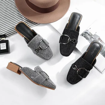 

Women Big Size Slippers Chunky Heel Mules Square Toe Low Heels Slides Metal Decoration Shoes Gray Black Casual Sandalias Mujer
