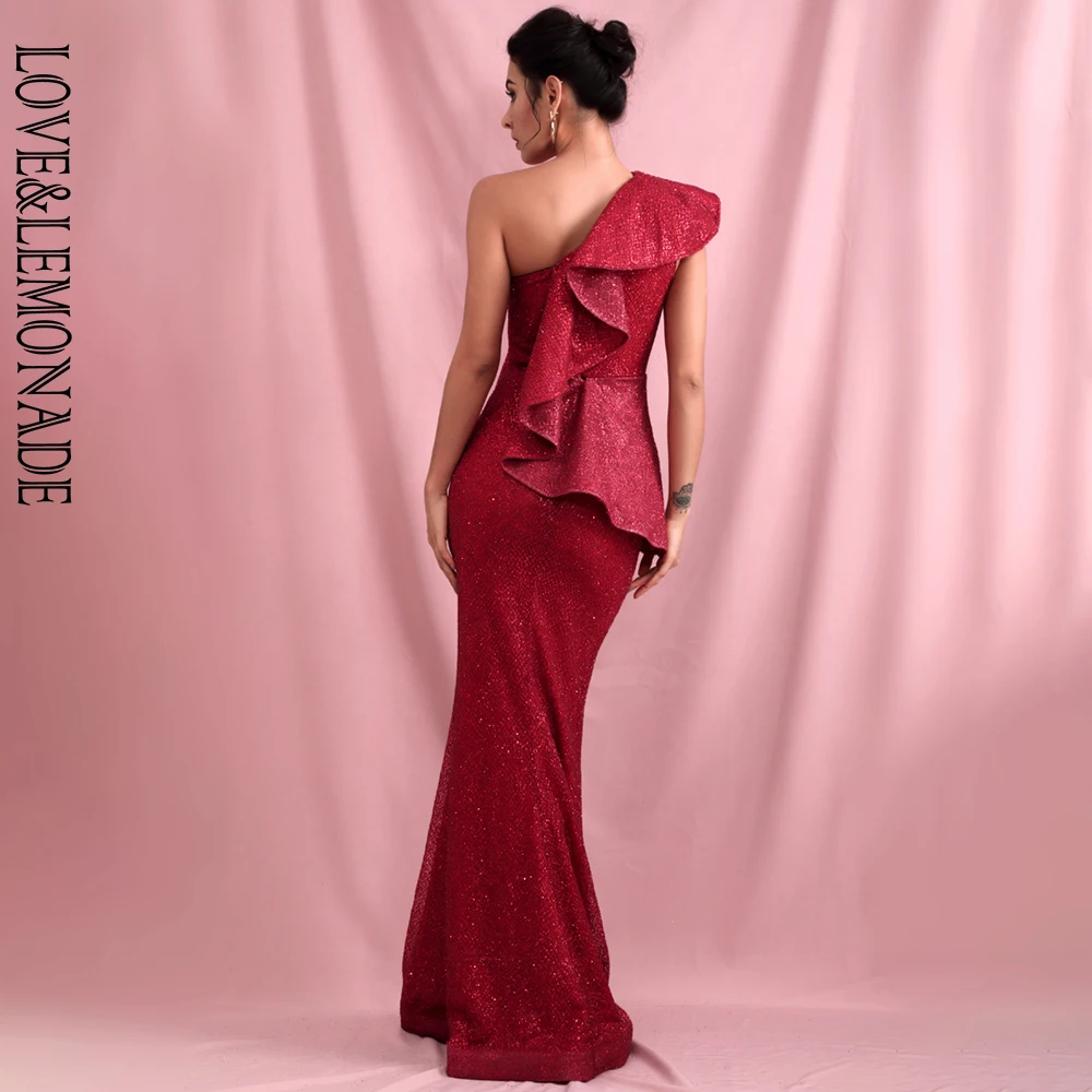 Женское вечернее платье LOVE & LEMONADE облегающее макси на одно плечо с оборками и