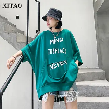 

XITAO Europe Style Short Sleeve Letter Print Women Loose Plus Size Design Hole 2020 Spring Summer Demp Women T Shirt DMY4500