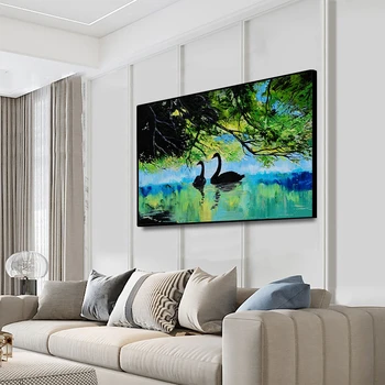

Laeacco Landscape swan Oil Painting Canvas Prints Living Room No Frame Modern Decorative Pictures Scenery Artwork Painting