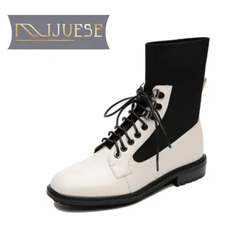

MLJUESE 2021 women Ankle boots Cow leather Winter short plush Round Toe knitted Mixed Colors Med heels female boots size 39