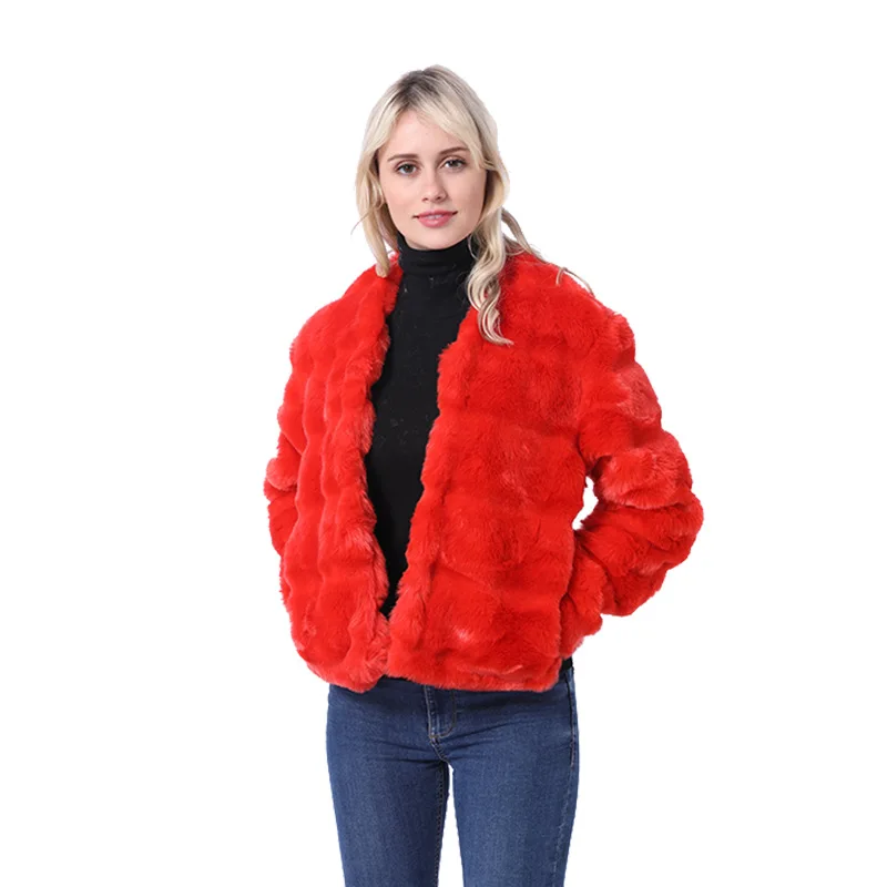 Женское пальто из искусственного меха SWYIVY красные короткие теплые зимние и