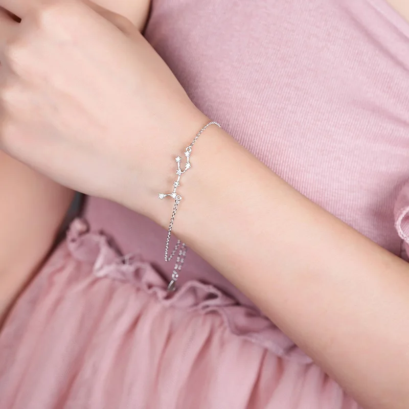 ElfoPlataSi Real 925 Sterling Silver Crystal Taurus Capricorn Scorpio Twelve Constellation Bracelet Bangle Women Wedding Jewelry