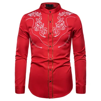 

Autumn 2019 men's stand-up collar embroidered long-sleeved shirt embroidered wedding dress shirt with gold embroidery pattern
