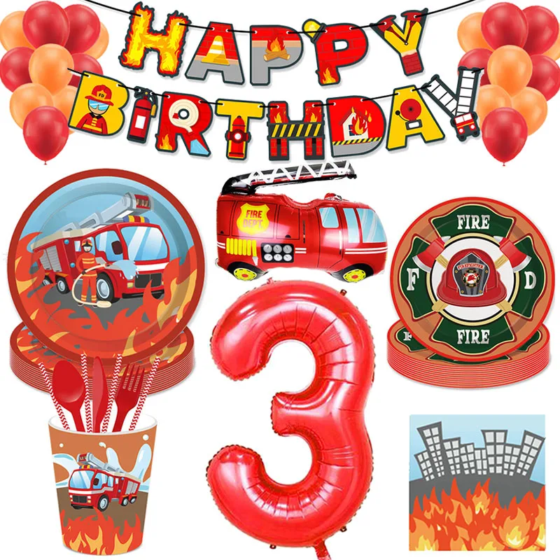 Juego de decoración de vehículo de construcción, vajilla para decoración de magdalenas, banderines para niños, camión de bomberos, globos, suministros de fiesta