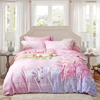 

Svetanya Pink Sakura Swans Brushed Sanding Cotton Bedding Set Printed Thick Linens Fitted Sheet Pillowcase Duvet Cover