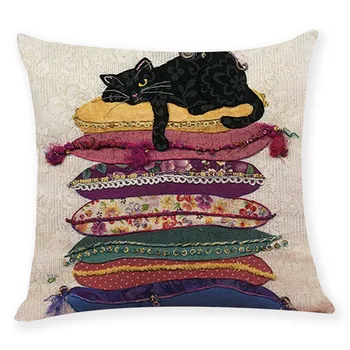 

Retro Fashion Pillow Cover Lazy Cute Cat Scene Printing Linen Sofa Cafe Restaurant Home Decoration Soft Pillow Cover Multi Style