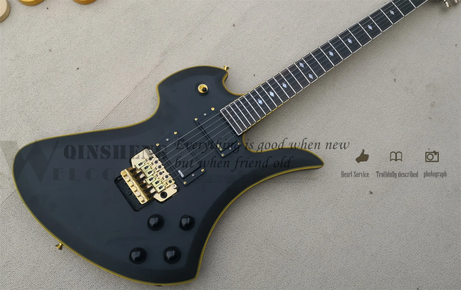 

Factory Custom 6 Strings Electric Guitar BC Guitar Matte Black Body Tremolo Bridge Yellow Binding
