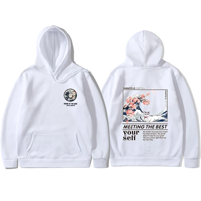 

Толстовка мужская с винтовыми манжетами, Свитшот в стиле хип-хоп, уличная одежда в японском стиле с забавным котом