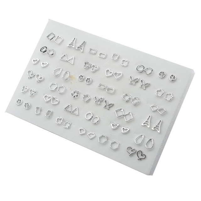 Randomly Mixed Silver Color Women Butterfly Bowknot Flower Heart Small Plastic Stud Earrings Sets For Girl Jewelry Part
