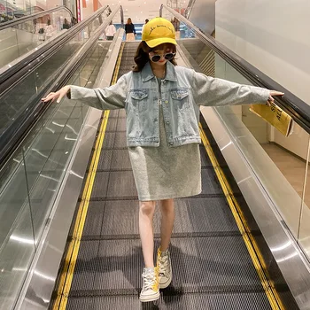 

YourSeason New 2020 Autumn Winter Teen Girls Fashion Casual Jeans Dress Korean Style Kids Girls Fake Two Piece Denim Dresses